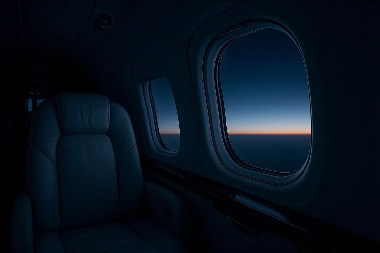 A jet cabin in near darkness at cruise: one oval window holding a deep blue sky and a thin apricot horizon, a single low reading lamp.
