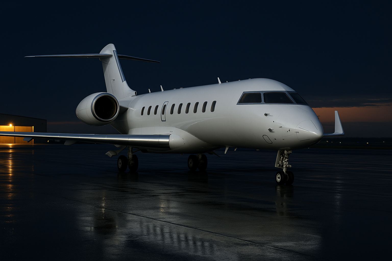 An unmarked white long-range jet alone on a wet apron at civil twilight, a thin apricot band of last light on the horizon behind it.