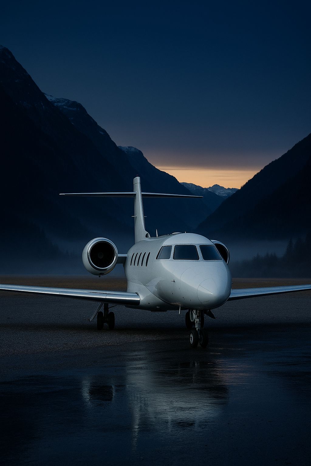 A small unmarked white jet on a gravel strip in a high alpine valley at dusk, snow-dusted mountains going dark behind.