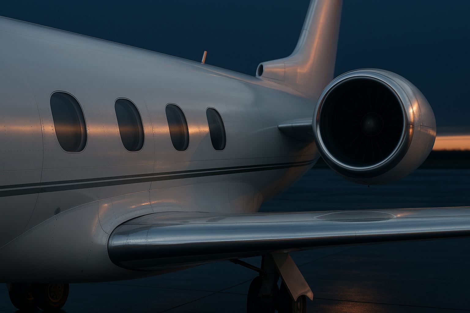 The unmarked white fuselage and engine nacelle of a Falcon 8X, the last apricot light along its upper edges.