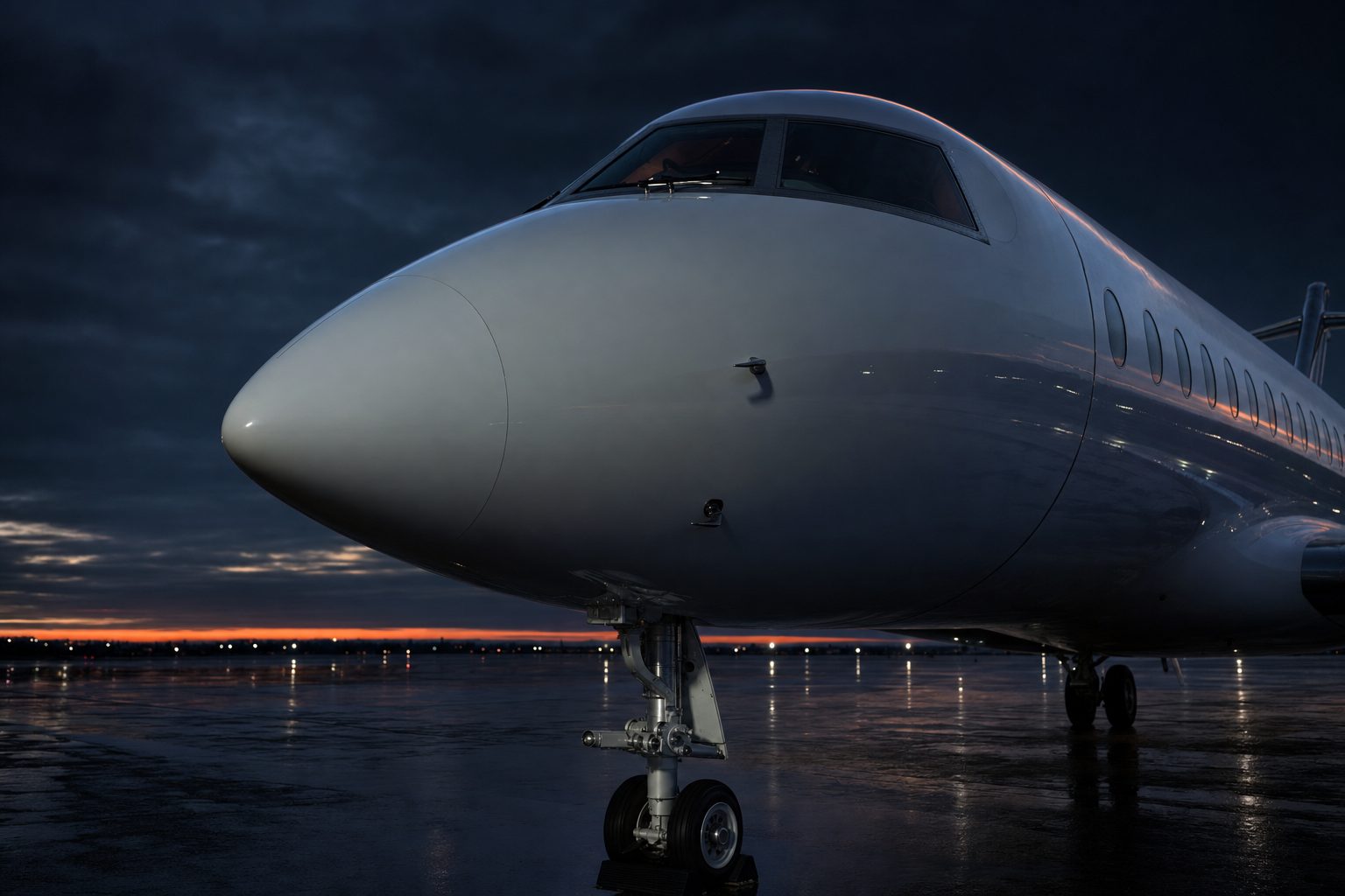 The nose and darkened flight deck of the Global 6500 on a wet apron at civil twilight, a thin apricot line along the top of the fuselage and the last of the band low on the horizon behind.